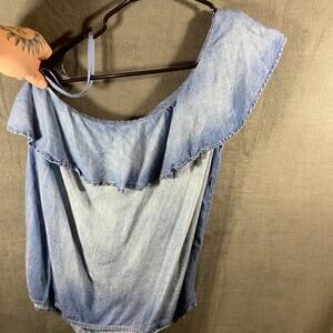 anthropologie cloth & stone women top large tencel lyocell chambray denim ruffle